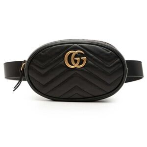 GUCCI Marmont Black Leather Chevron Belt Bag. Black with Gold GG.